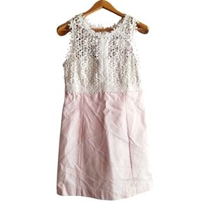 Lilly Pulitzer White Crochet Top Pink Seersucker Skirt Dress